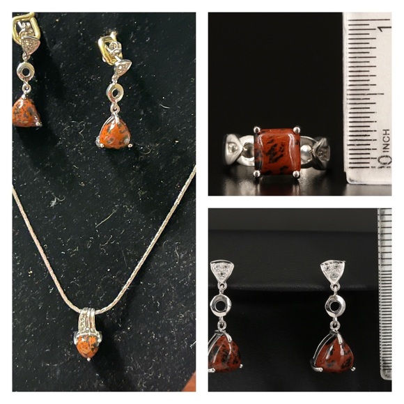 Vintage Estate Mahogany Obsidian Jewelry Set: Pendant, Earrings, and Ring - Picture 1 of 10